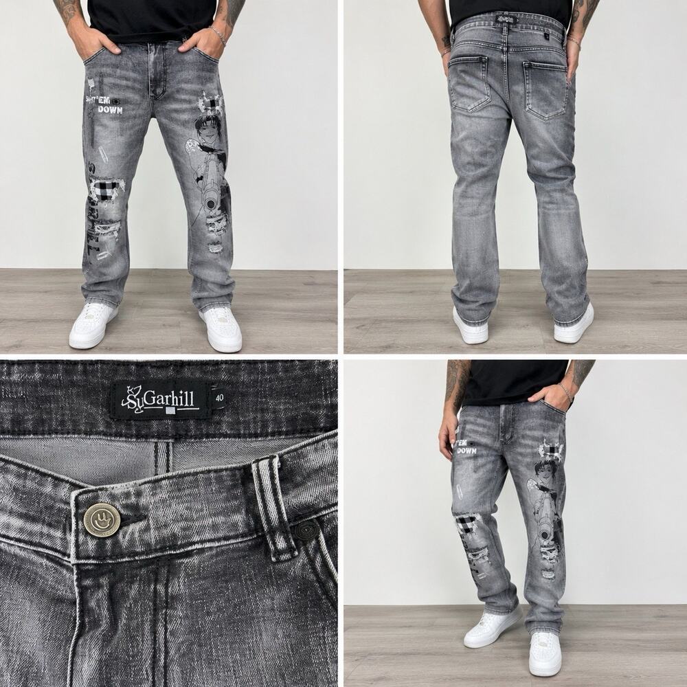 SuGarhill Graphic Distressed Jeans Men’s Size 40 Gray Anime Streetwear Denim
